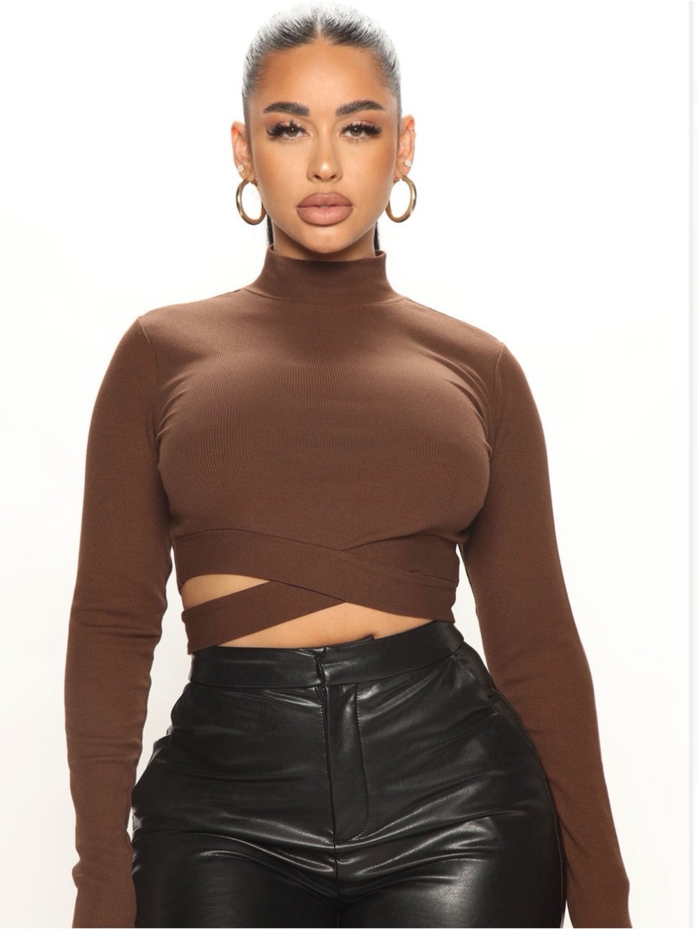 Fashion Nova Brown Long-Sleeve Mock Neck Crisscross Crop Top